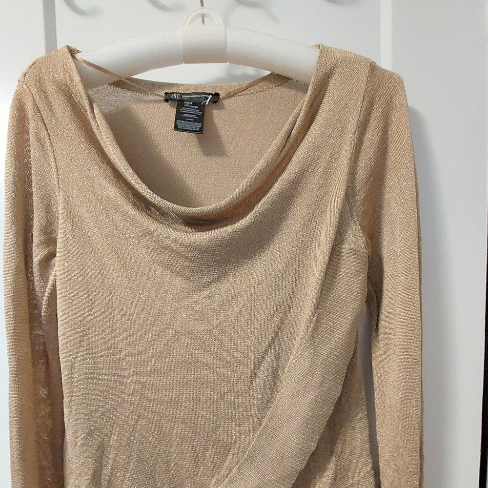INC International Concepts Shimmery Beige Cowl-Neck Long Sleeve Top